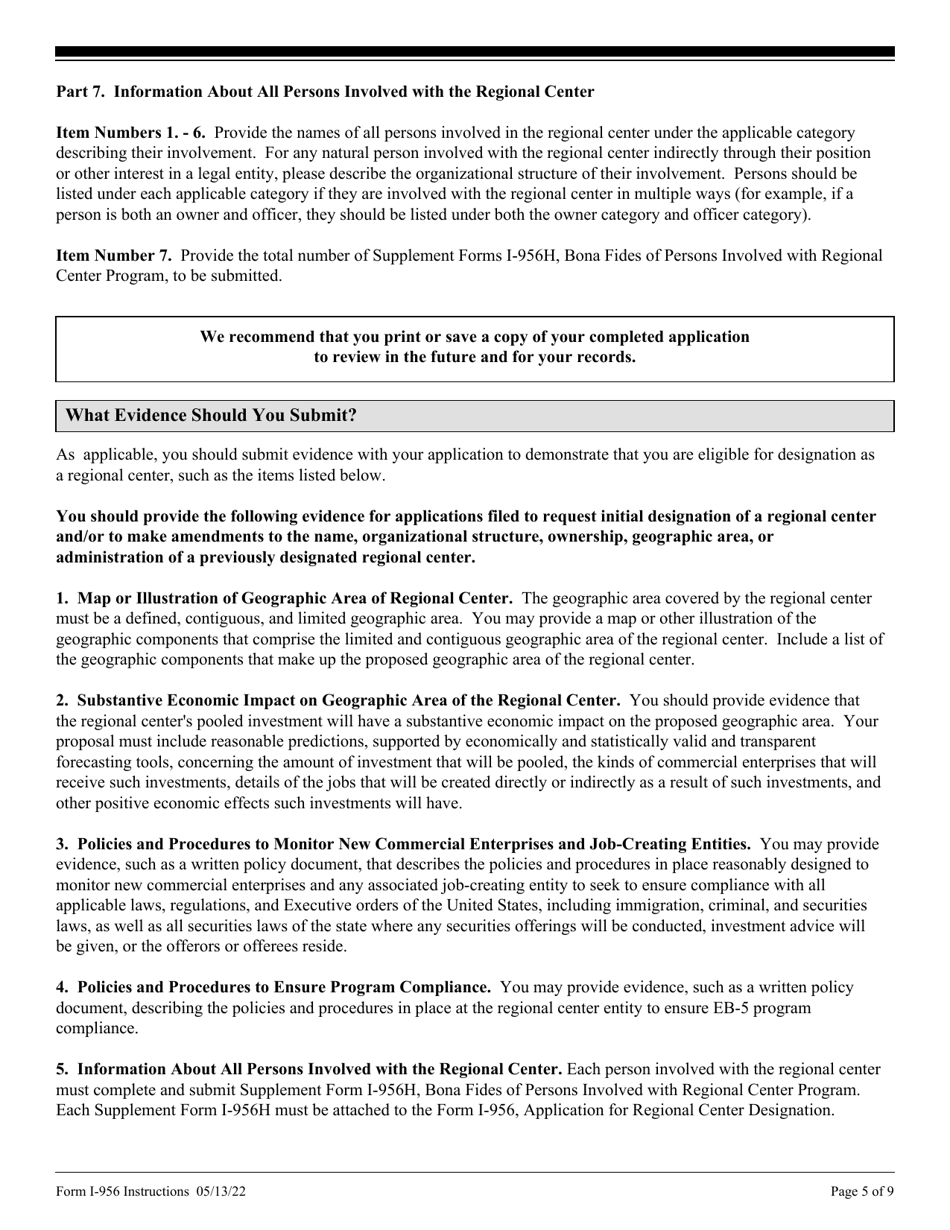 Instructions for USCIS Form I-956 Application for Regional Center Designation, Page 5