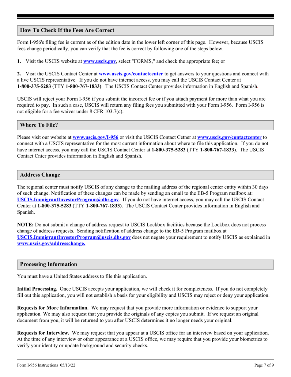 Instructions for USCIS Form I-956 Application for Regional Center Designation, Page 7