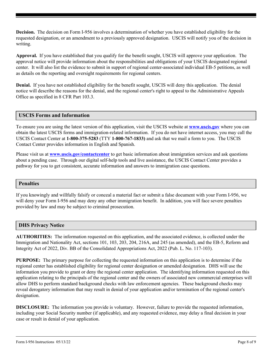 Instructions for USCIS Form I-956 Application for Regional Center Designation, Page 8