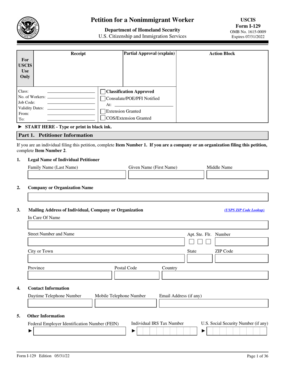 USCIS Form I-129 Petition for a Nonimmigrant Worker, Page 1