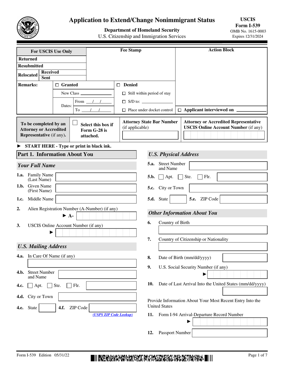 USCIS Form I-539 Download Fillable PDF or Fill Online Application to ...