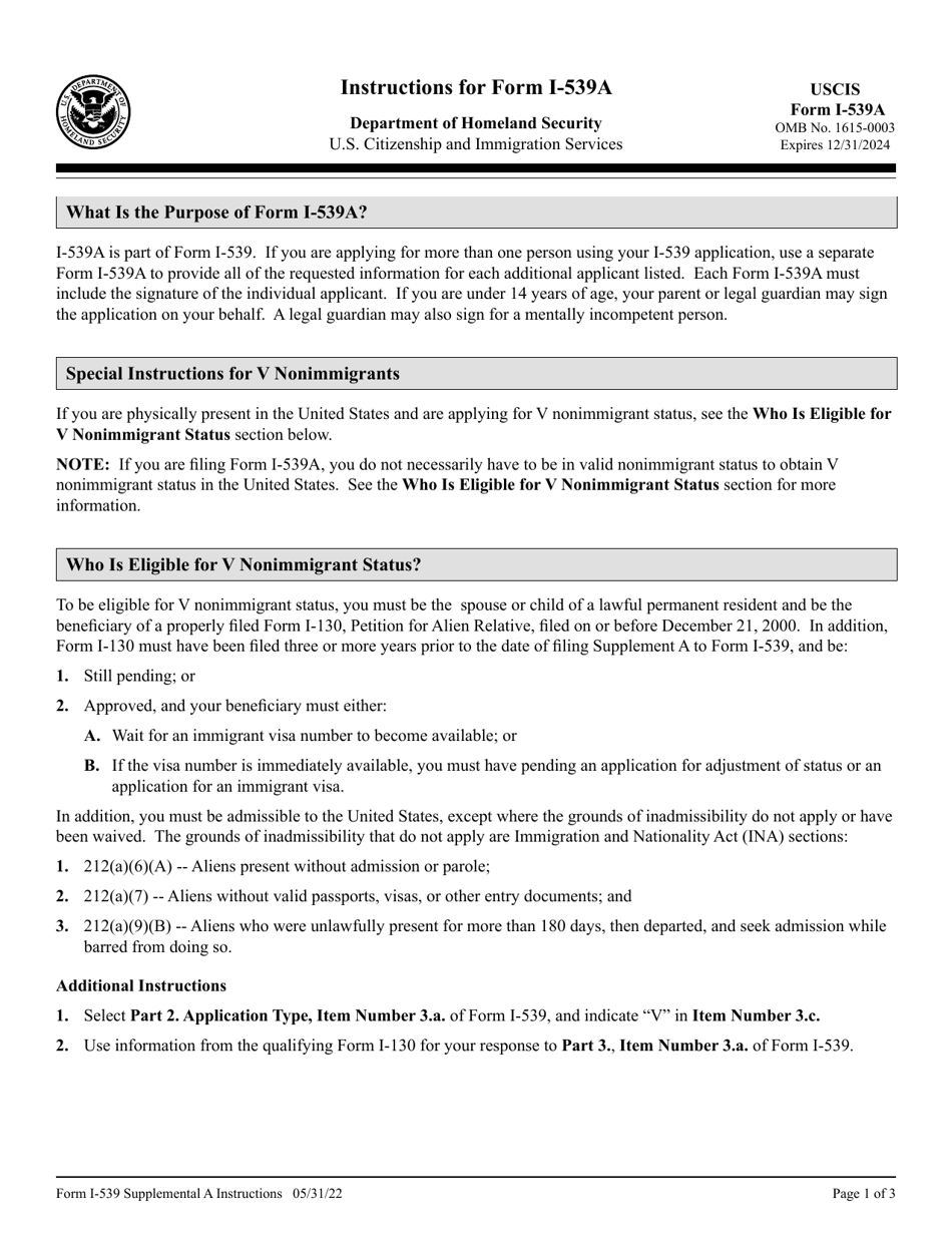 Instructions for USCIS Form I-539A Supplemental Information for Application to Extend / Change Nonimmigrant Status, Page 1