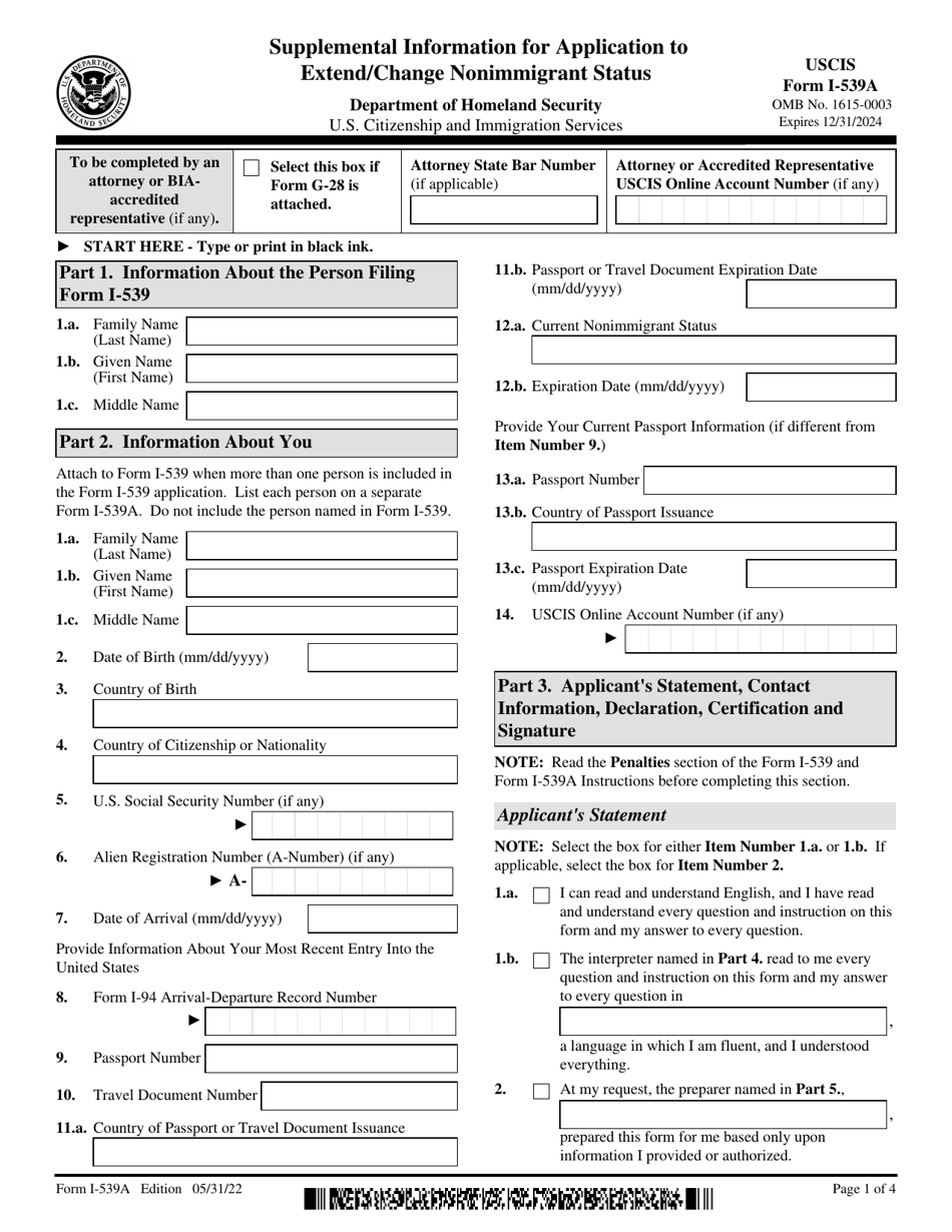 USCIS Form I539A Download Fillable PDF or Fill Online Supplemental