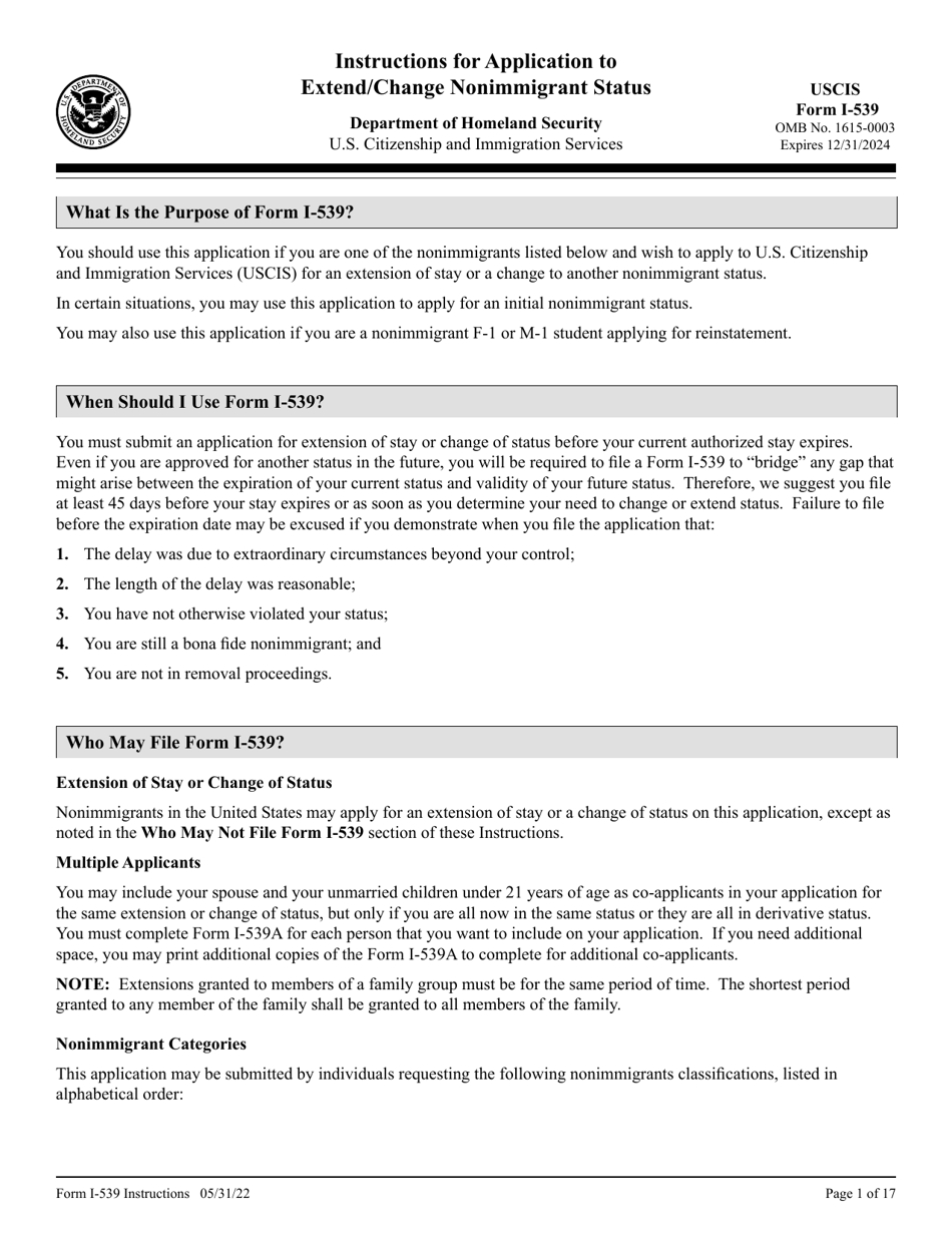 Download Instructions for USCIS Form I-539 Application to Extend/Change ...