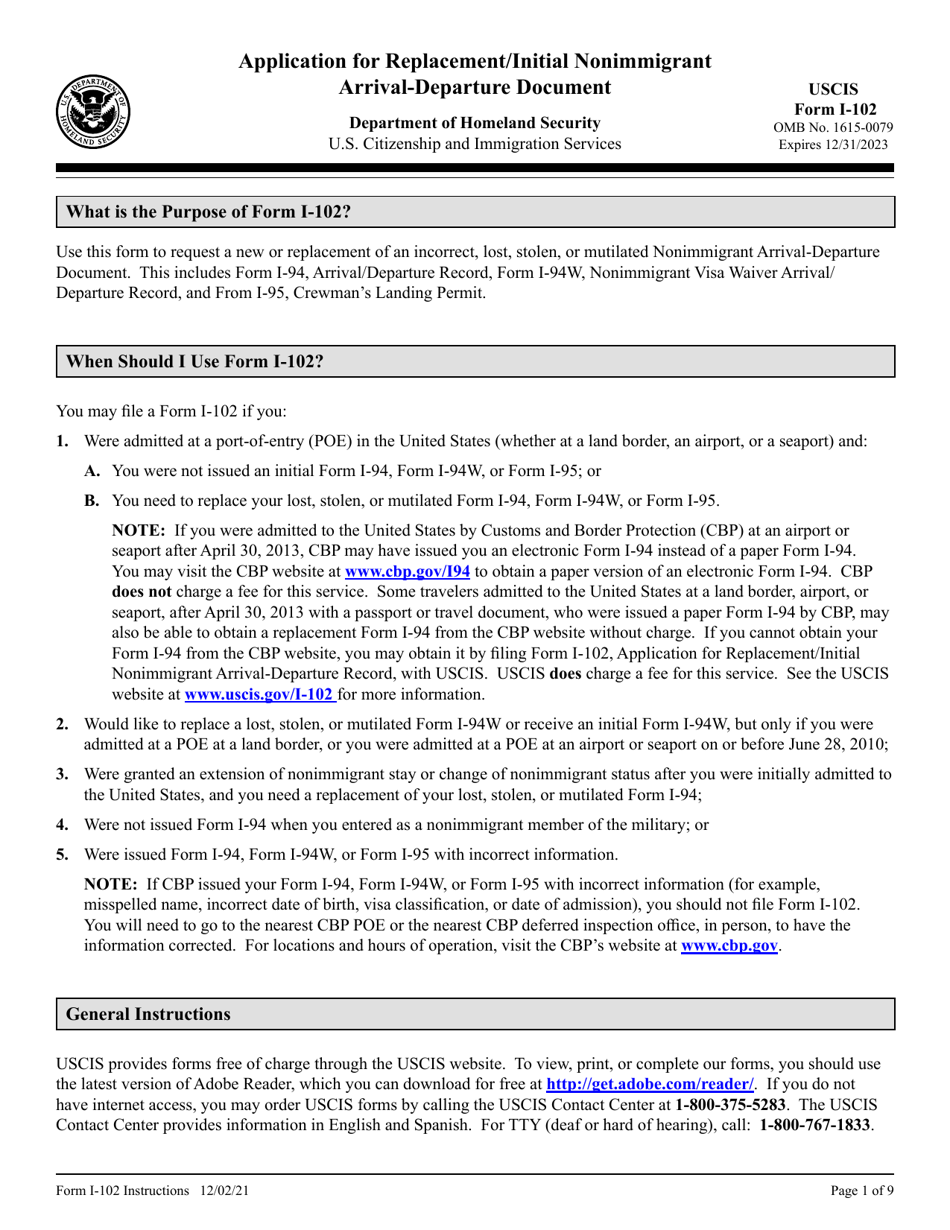 Instructions for USCIS Form I-102 Application for Replacement/Initial Nonimmigrant Arrival-Departure Document, Page 1