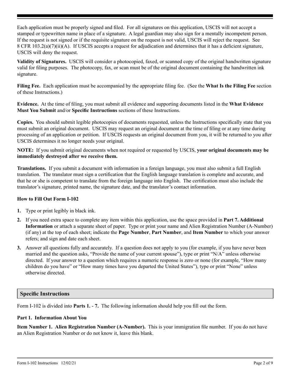 Instructions for USCIS Form I-102 Application for Replacement / Initial Nonimmigrant Arrival-Departure Document, Page 2