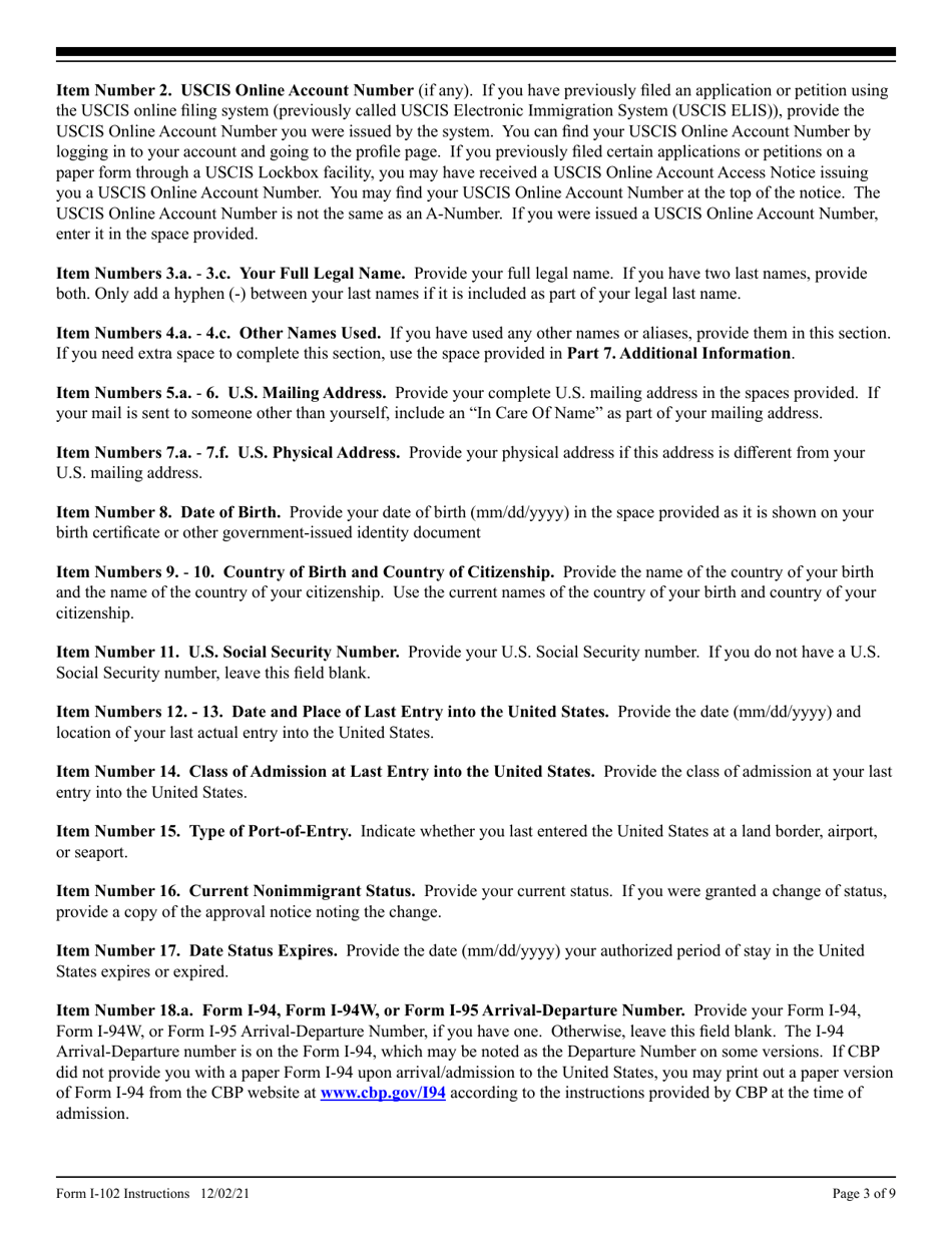Instructions for USCIS Form I-102 Application for Replacement / Initial Nonimmigrant Arrival-Departure Document, Page 3