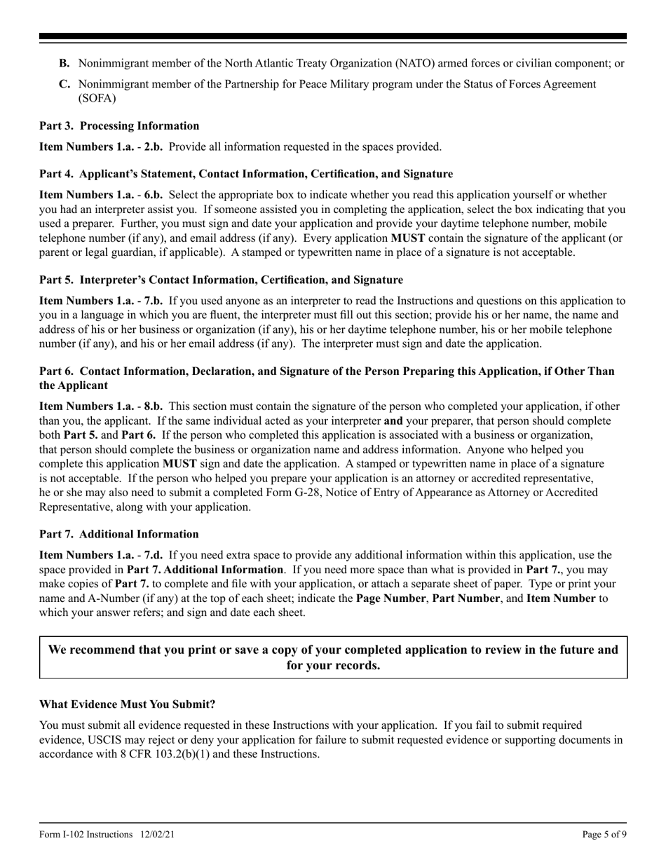 Instructions for USCIS Form I-102 Application for Replacement / Initial Nonimmigrant Arrival-Departure Document, Page 5