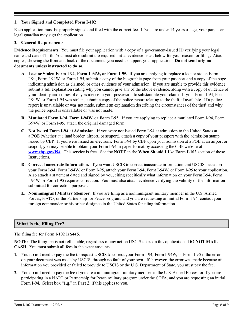 Instructions for USCIS Form I-102 Application for Replacement / Initial Nonimmigrant Arrival-Departure Document, Page 6