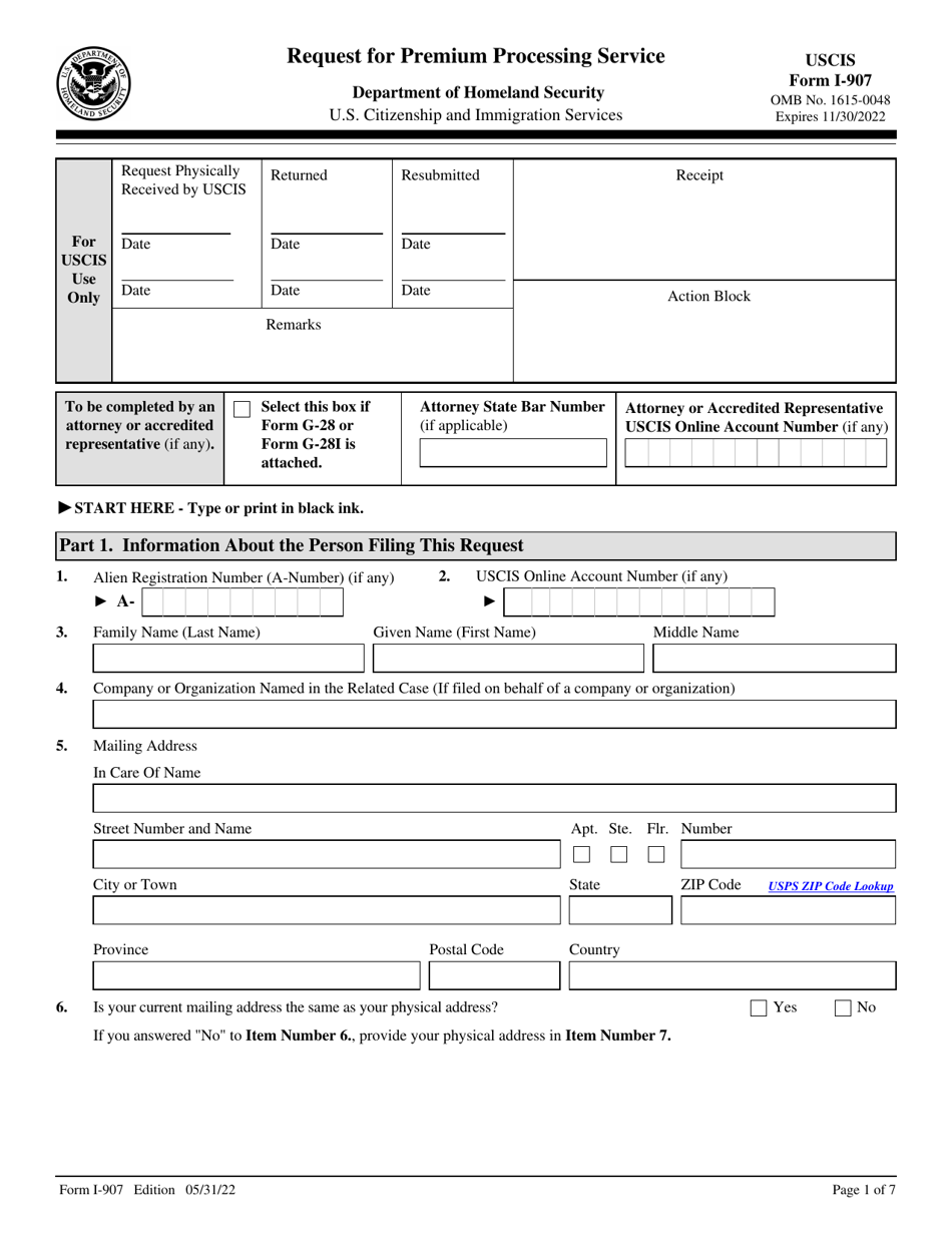 USCIS Form I-907 Request for Premium Processing Service, Page 1