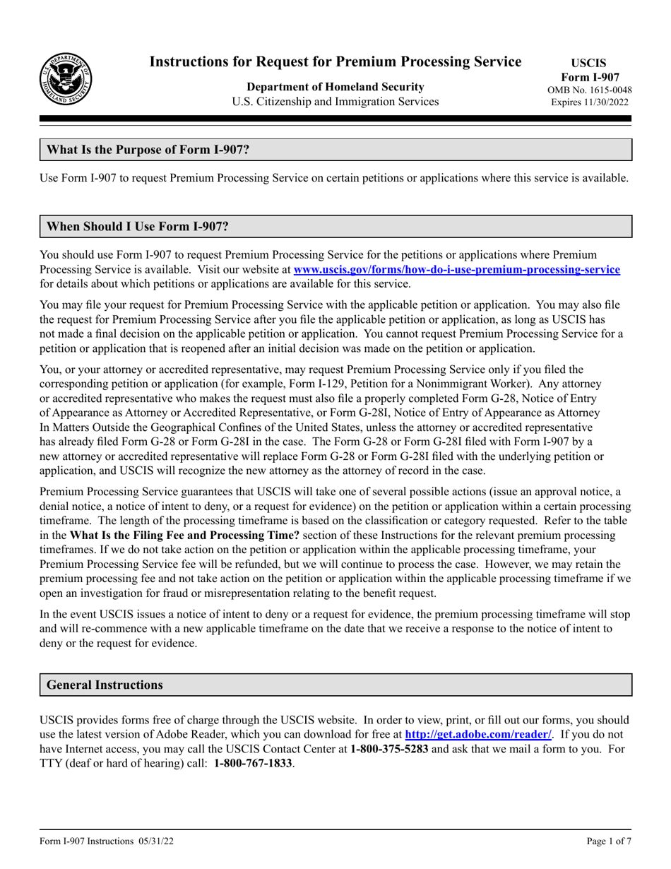 Instructions for USCIS Form I-907 Request for Premium Processing Service, Page 1