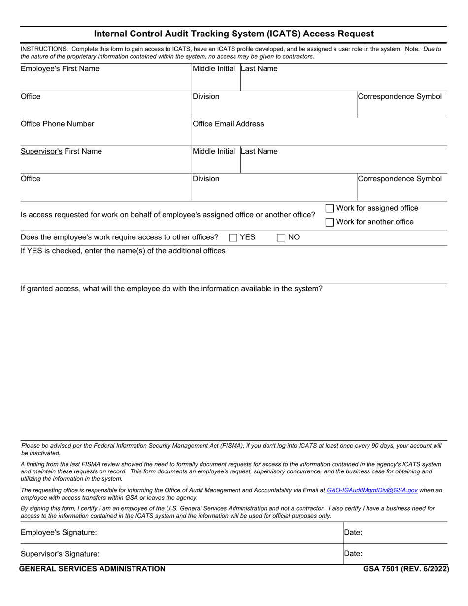 GSA Form 7501 Internal Control Audit Tracking System (Icats) Access Request, Page 1