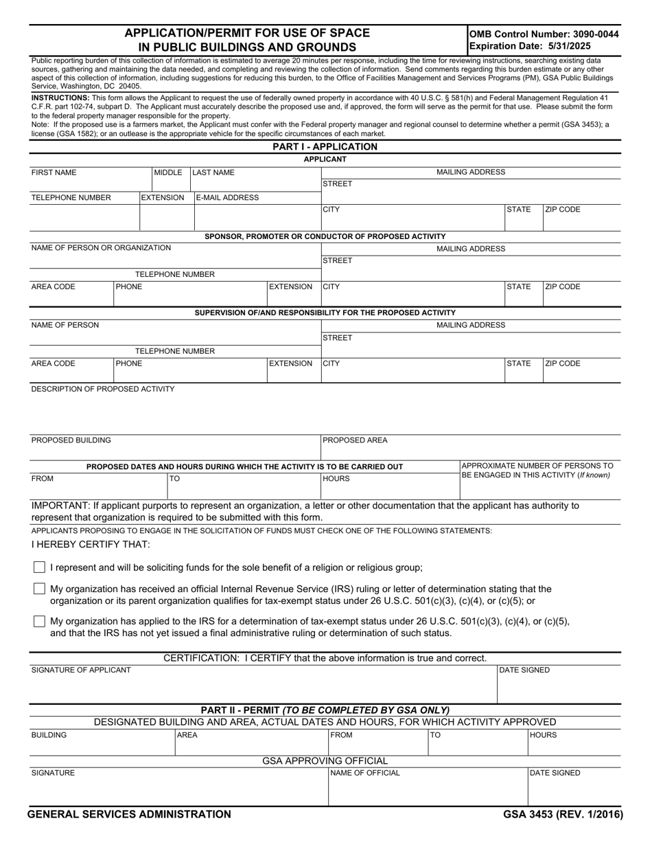 GSA Form 3453 Application / Permit for Use of Space in Public Buildings and Grounds, Page 1
