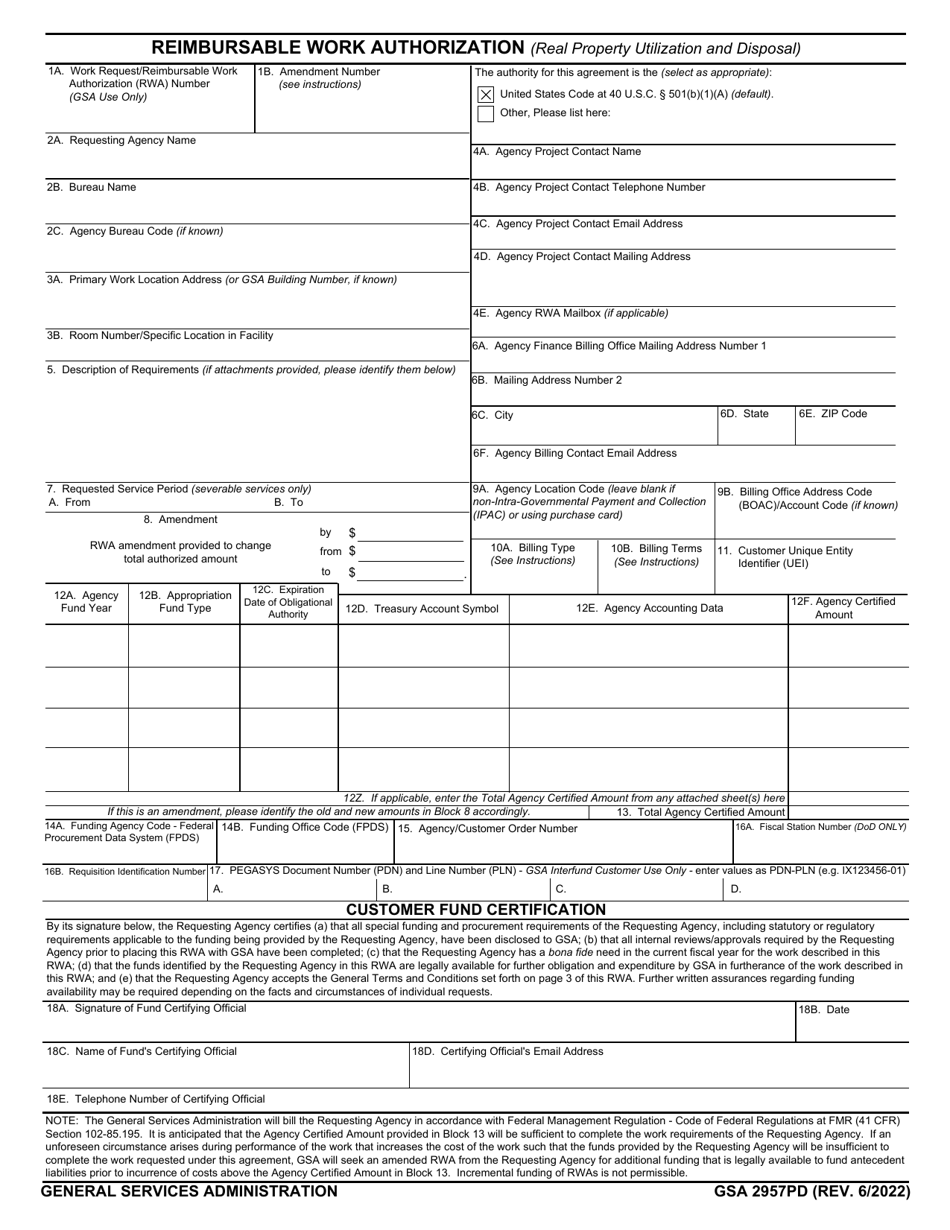 GSA Form 2957PD Reimbursable Work Authorization, Page 1