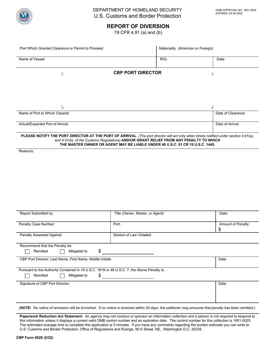 CBP Form 0026 Report of Diversion, Page 1