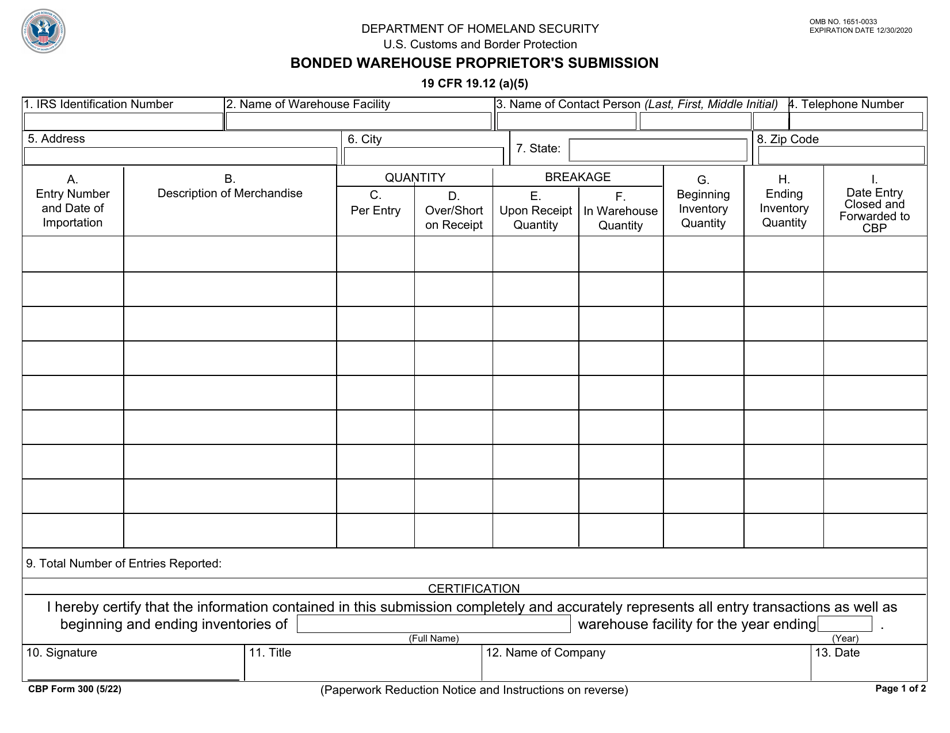 CBP Form 300 Bonded Warehouse Proprietors Submission, Page 1
