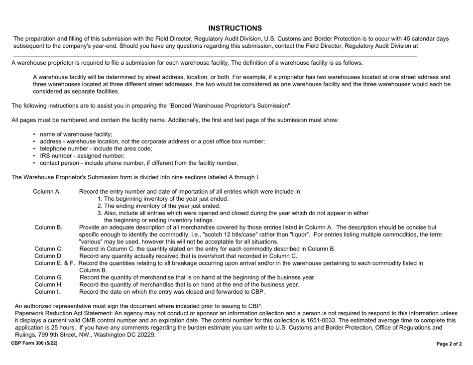 CBP Form 300 Bonded Warehouse Proprietors Submission, Page 2