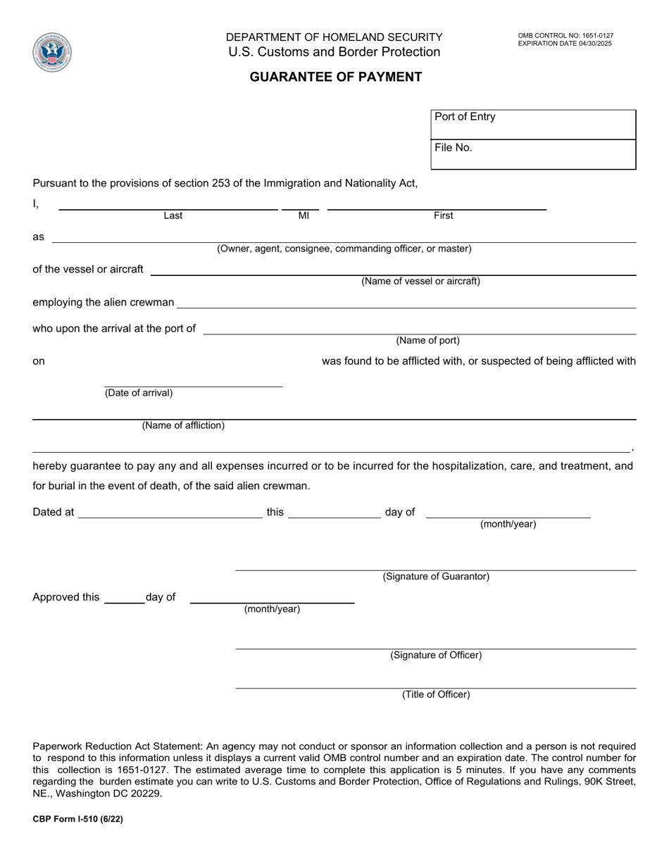 CBP Form I-510 Guarantee of Payment, Page 1