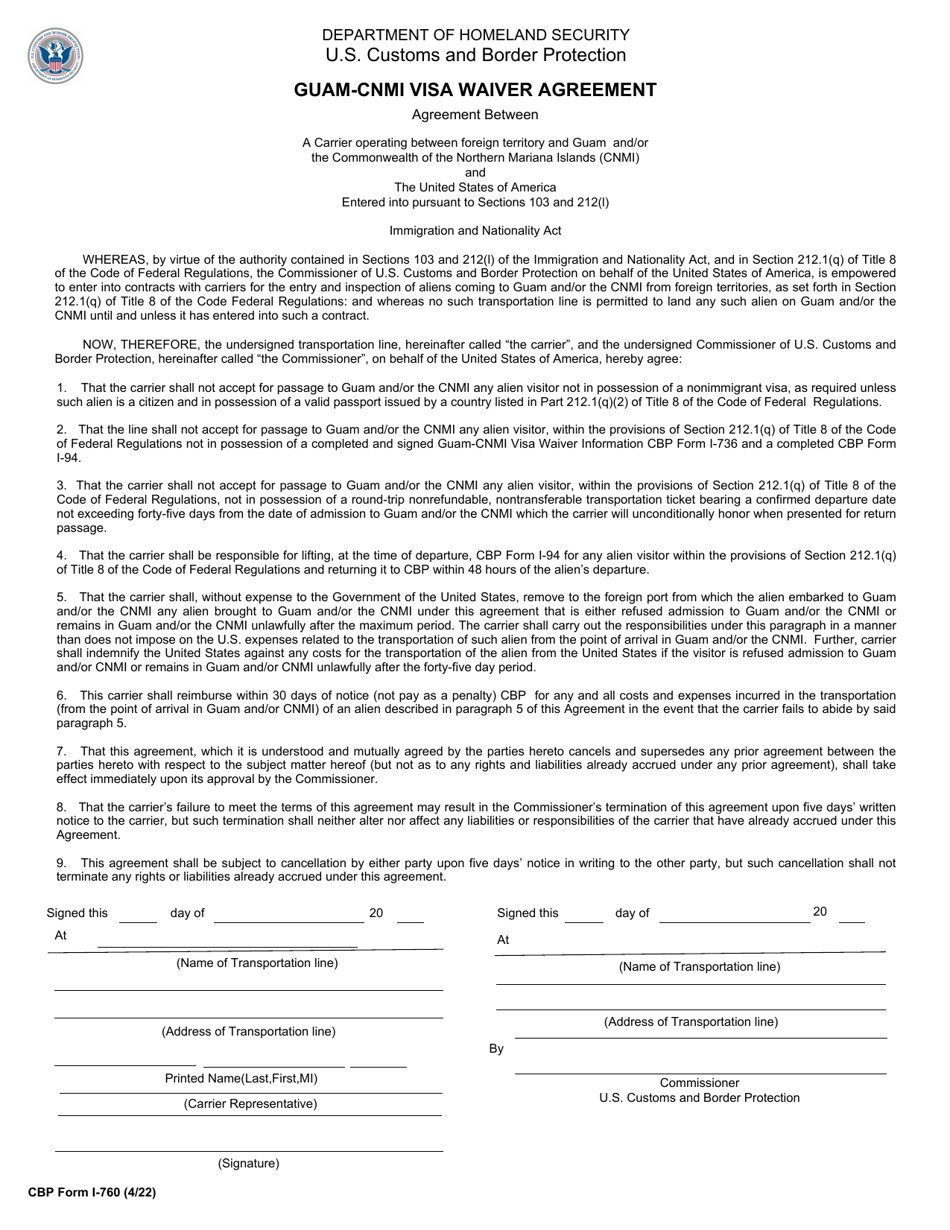 CBP Form I-760 Guam-CNMI Visa Waiver Agreement, Page 1