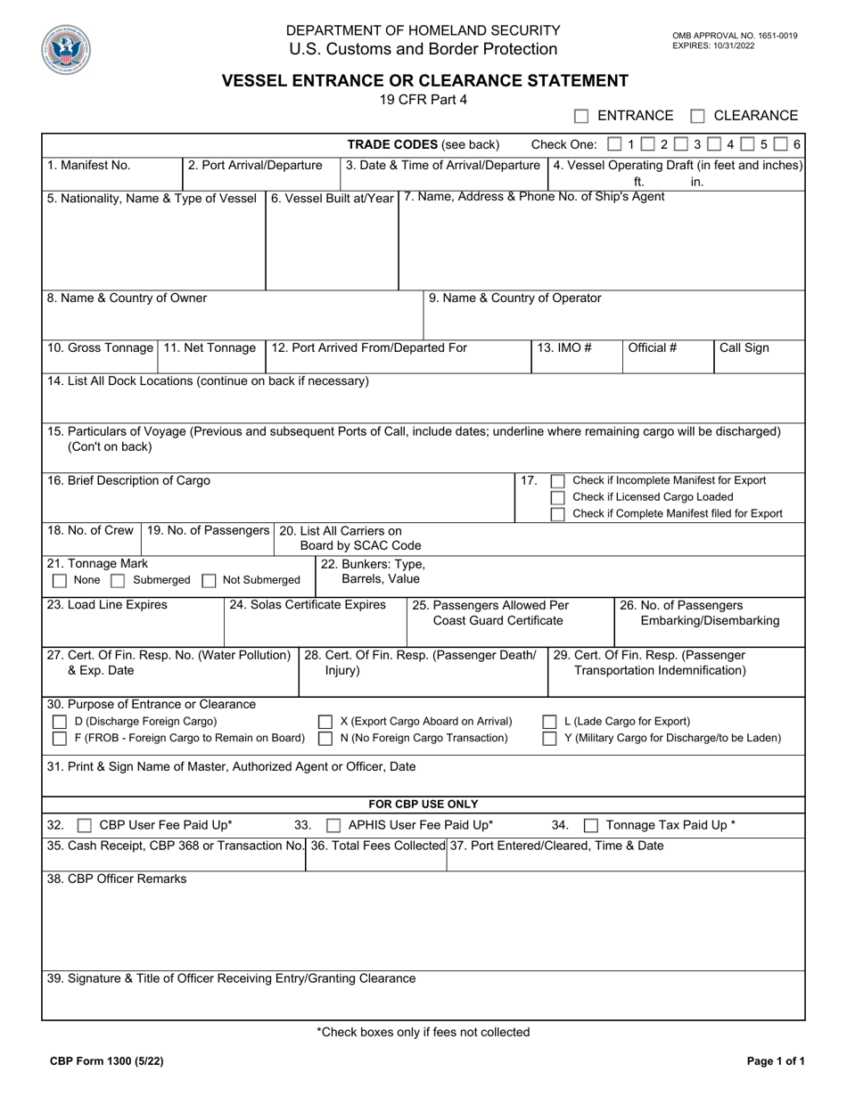 CBP Form 1300 Vessel Entrance or Clearance Statement, Page 1