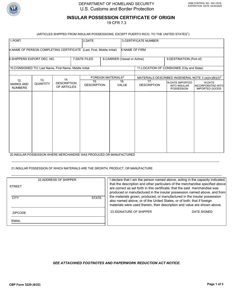 CBP Form 3229 Download Fillable PDF or Fill Online Insular Possession ...