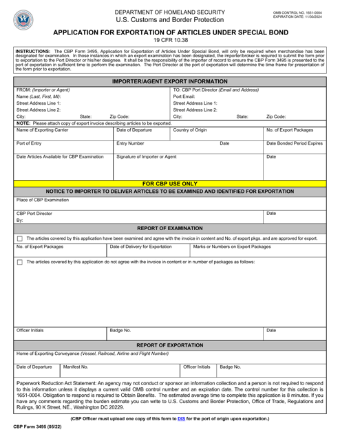 CBP Form 3495 Application for Exportation of Articles Under Special Bond