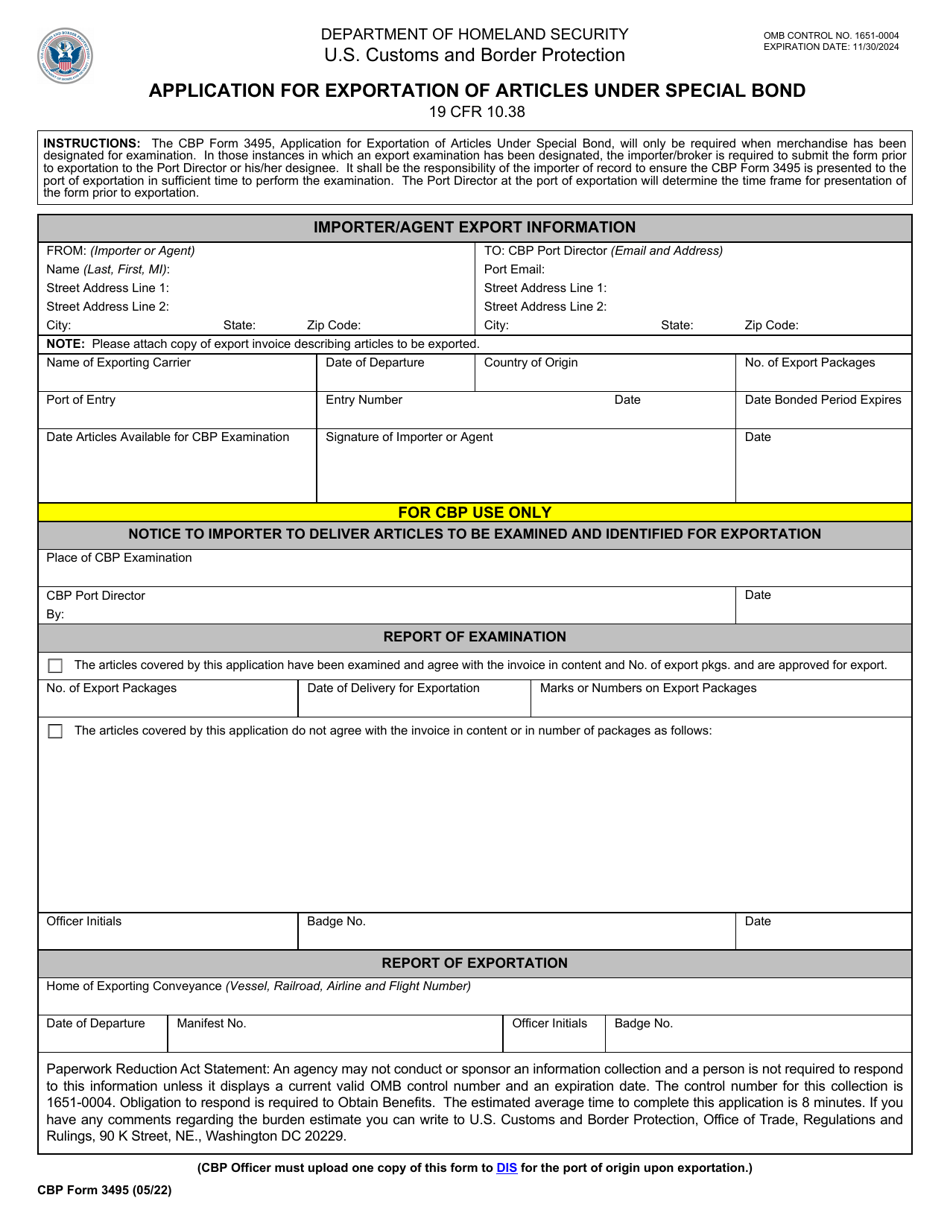CBP Form 3495 Application for Exportation of Articles Under Special Bond, Page 1