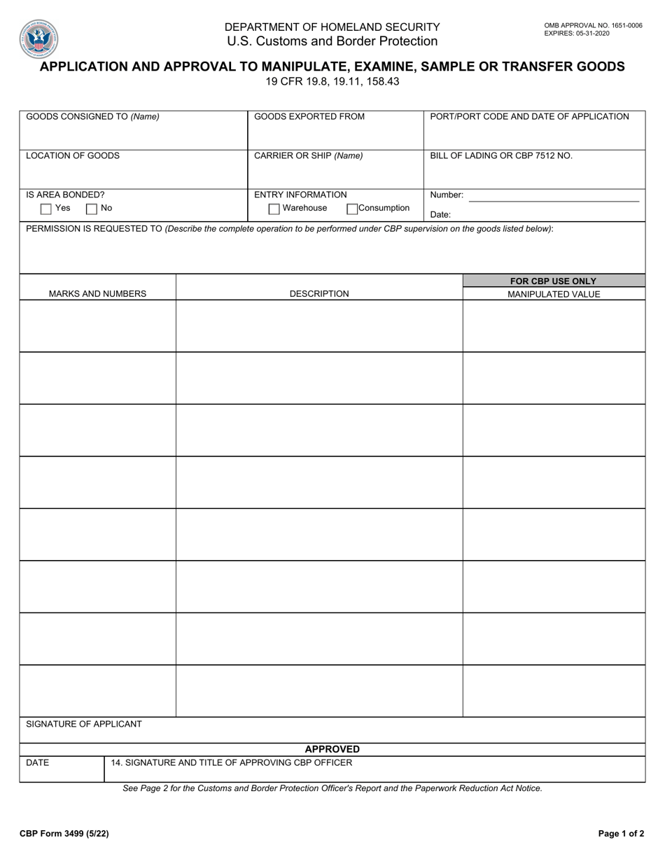 CBP Form 3499 Application and Approval to Manipulate, Examine, Sample or Transfer Goods, Page 1