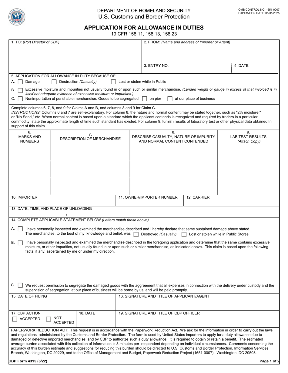 CBP Form 4315 Application for Allowance in Duties, Page 1