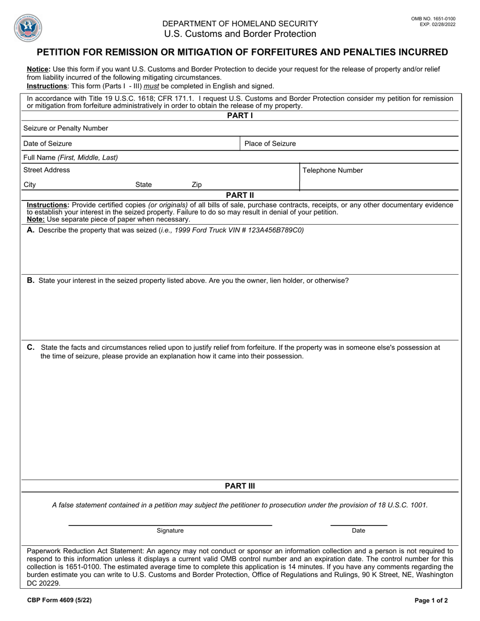 CBP Form 4609 Petition for Remission or Mitigation of Forfeitures and Penalties, Page 1