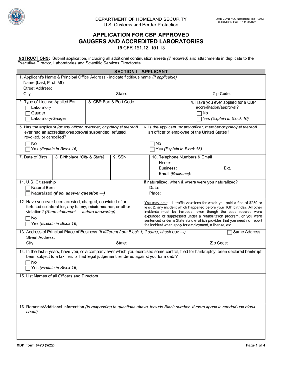 CBP Form 6478 Application for CBP Approved Gaugers and Accredited Laboratories, Page 1