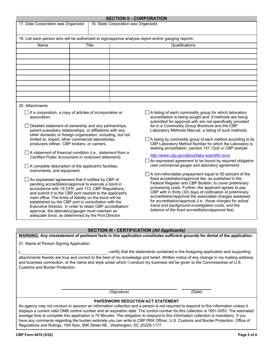 CBP Form 6478 Application for CBP Approved Gaugers and Accredited Laboratories, Page 2
