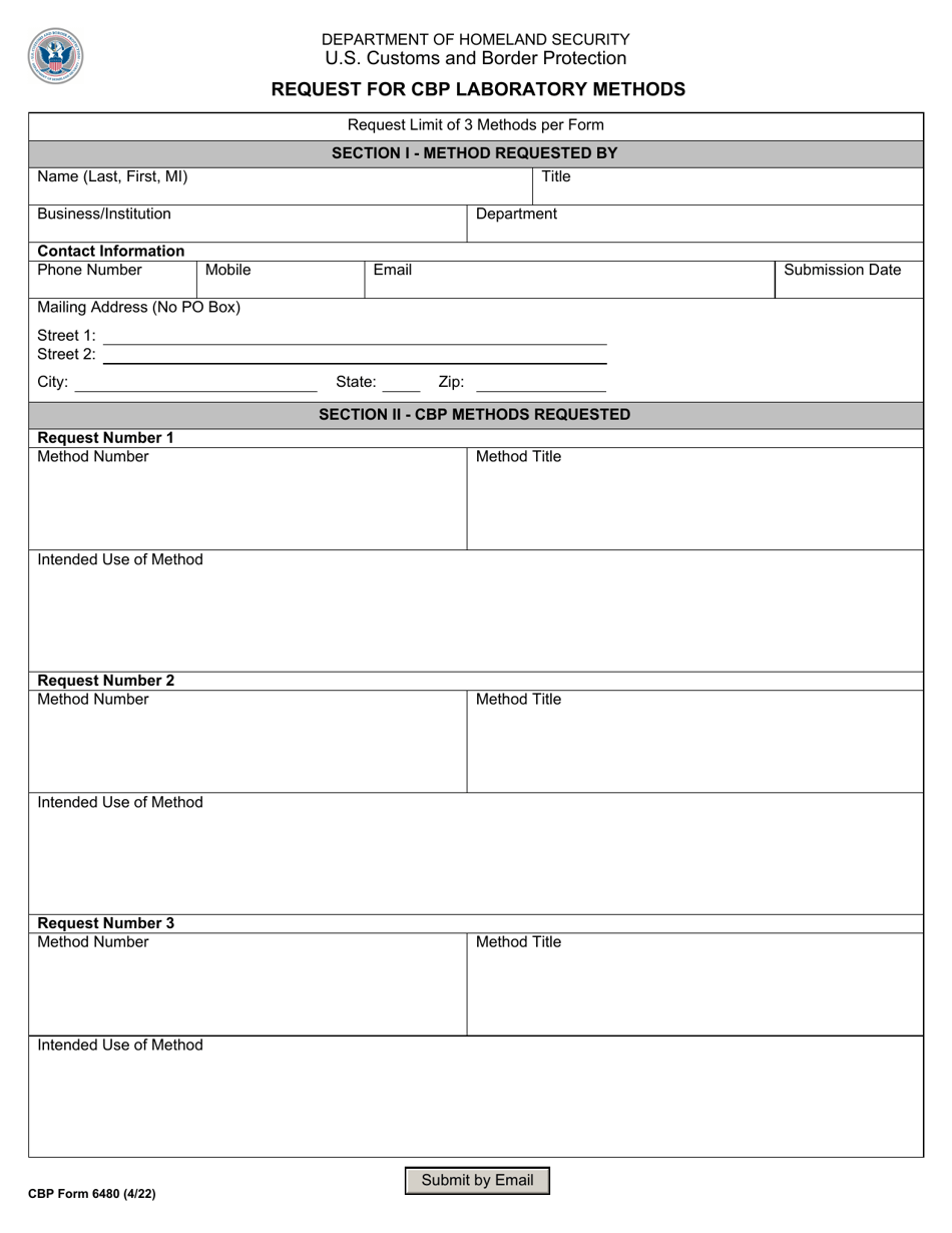 CBP Form 6480 Request for CBP Laboratory Methods, Page 1