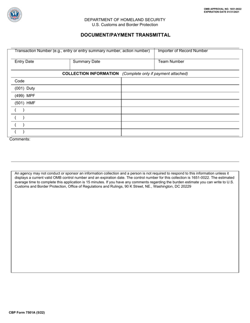 CBP Form 7501A Document/Payment Transmittal