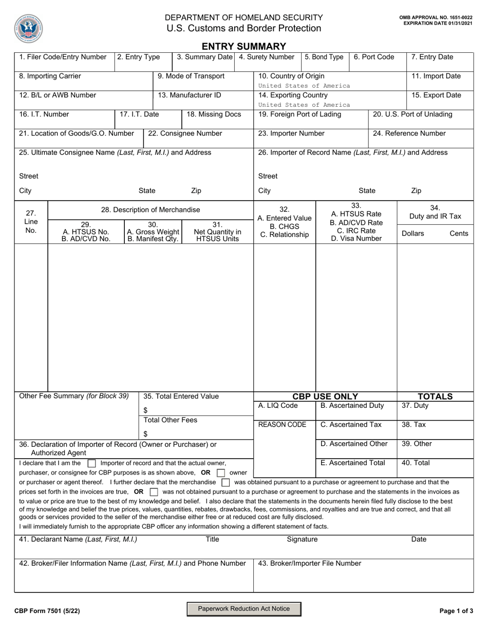 CBP Form 7501 Entry Summary, Page 1