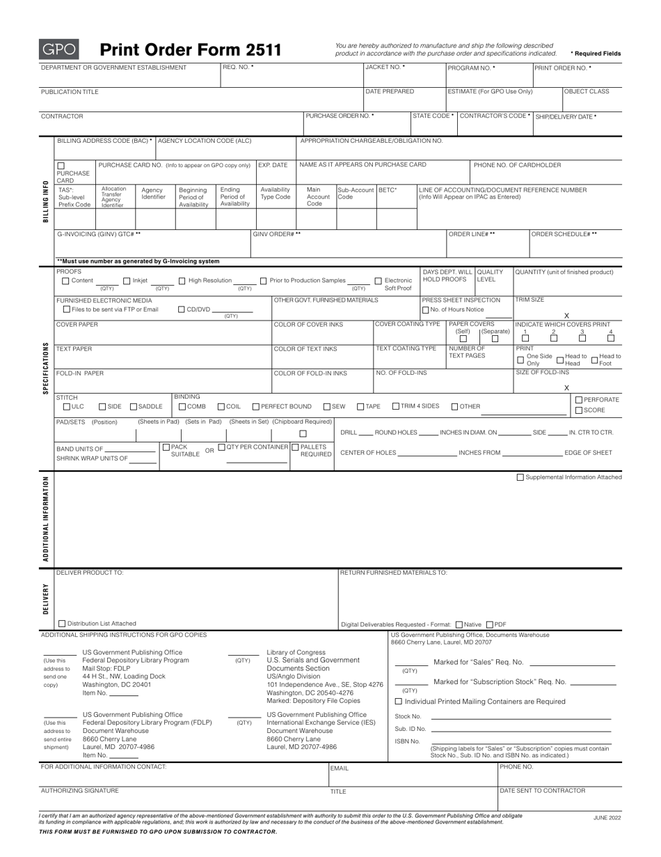 GPO Form 2511 Print Order, Page 1