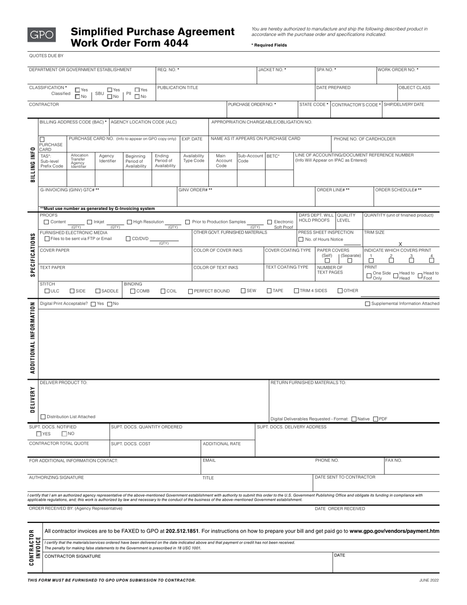GPO Form 4044 Simplified Purchase Agreement Work Order, Page 1