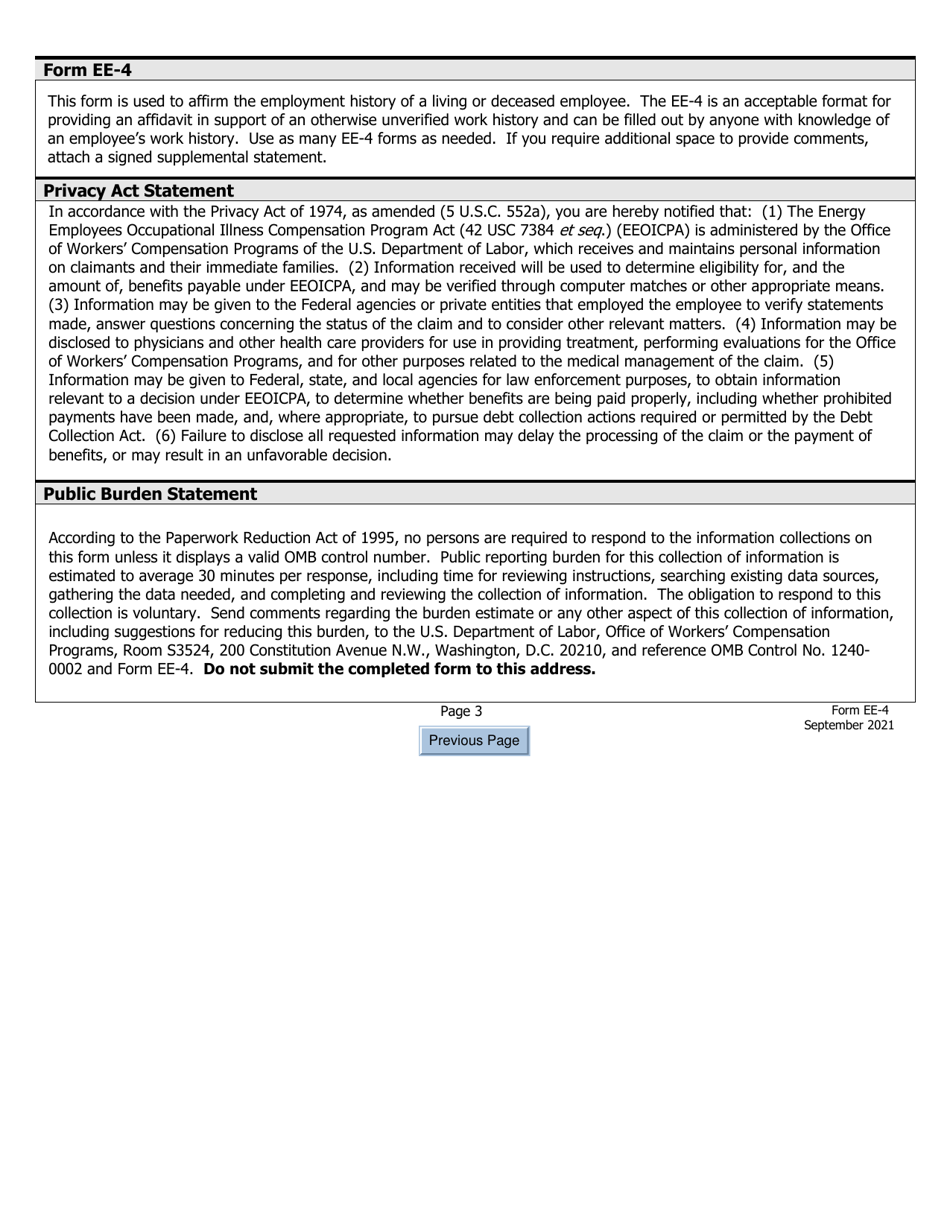 Form EE-4 Employment History Affidavit for a Claim Under the Energy Employees Occupational Illness Compensation Program Act, Page 3