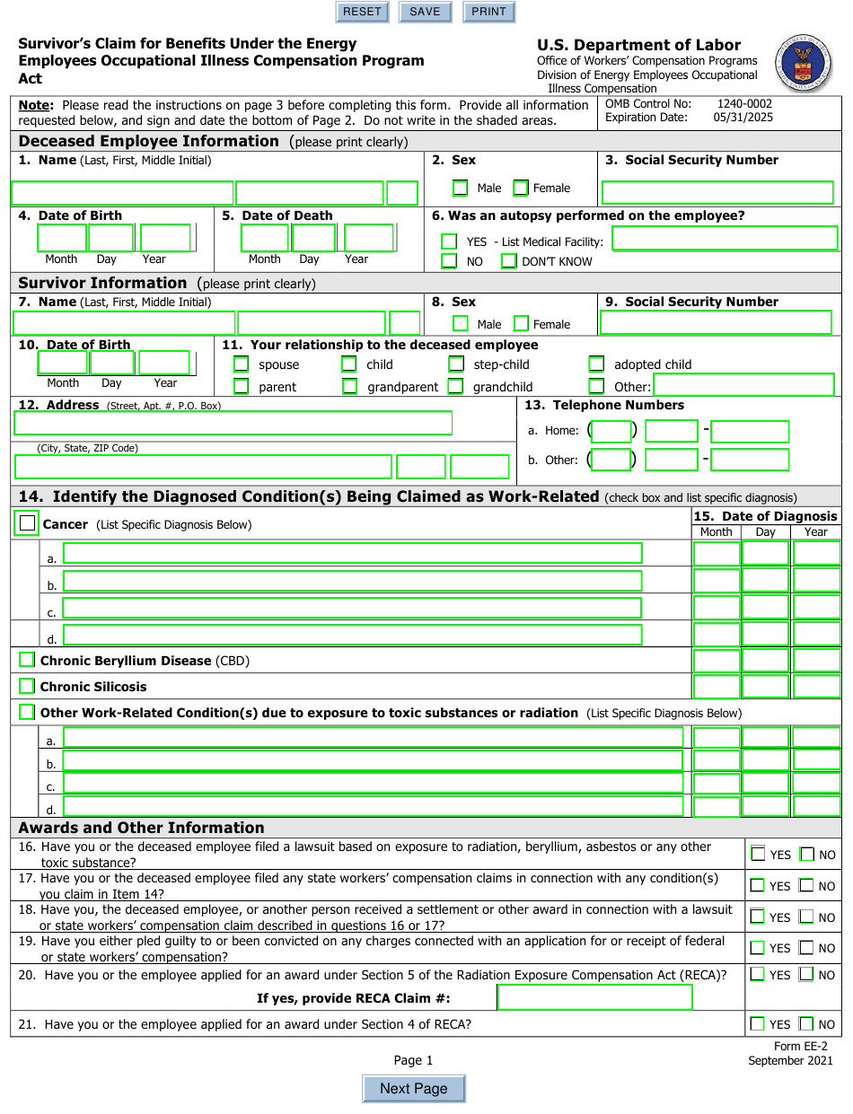 Form EE2 Download Fillable PDF or Fill Online Survivor's Claim for