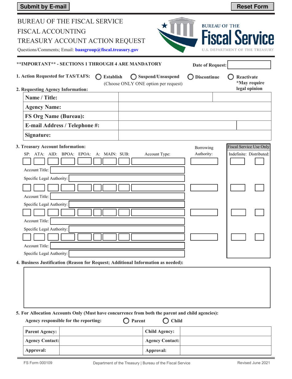 FS Form 000109 Treasury Account Action Request, Page 1