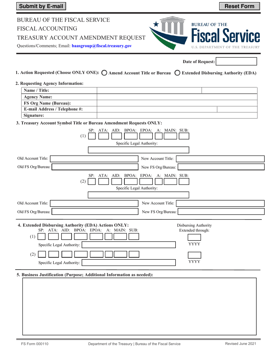 FS Form 000110 Treasury Account Amendment Request, Page 1