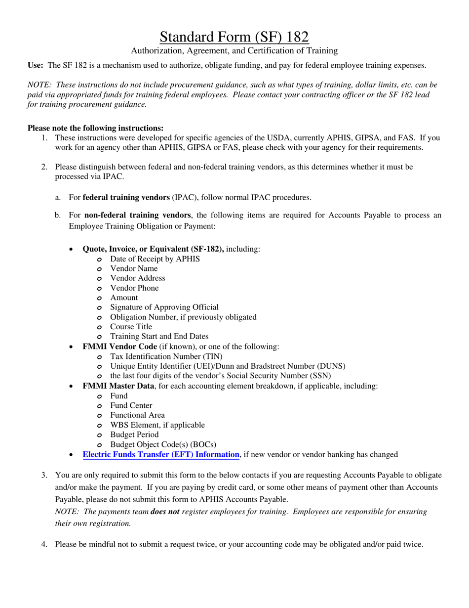 Instructions for Form SF-182 Authorization, Agreement, and Certification of Training, Page 1