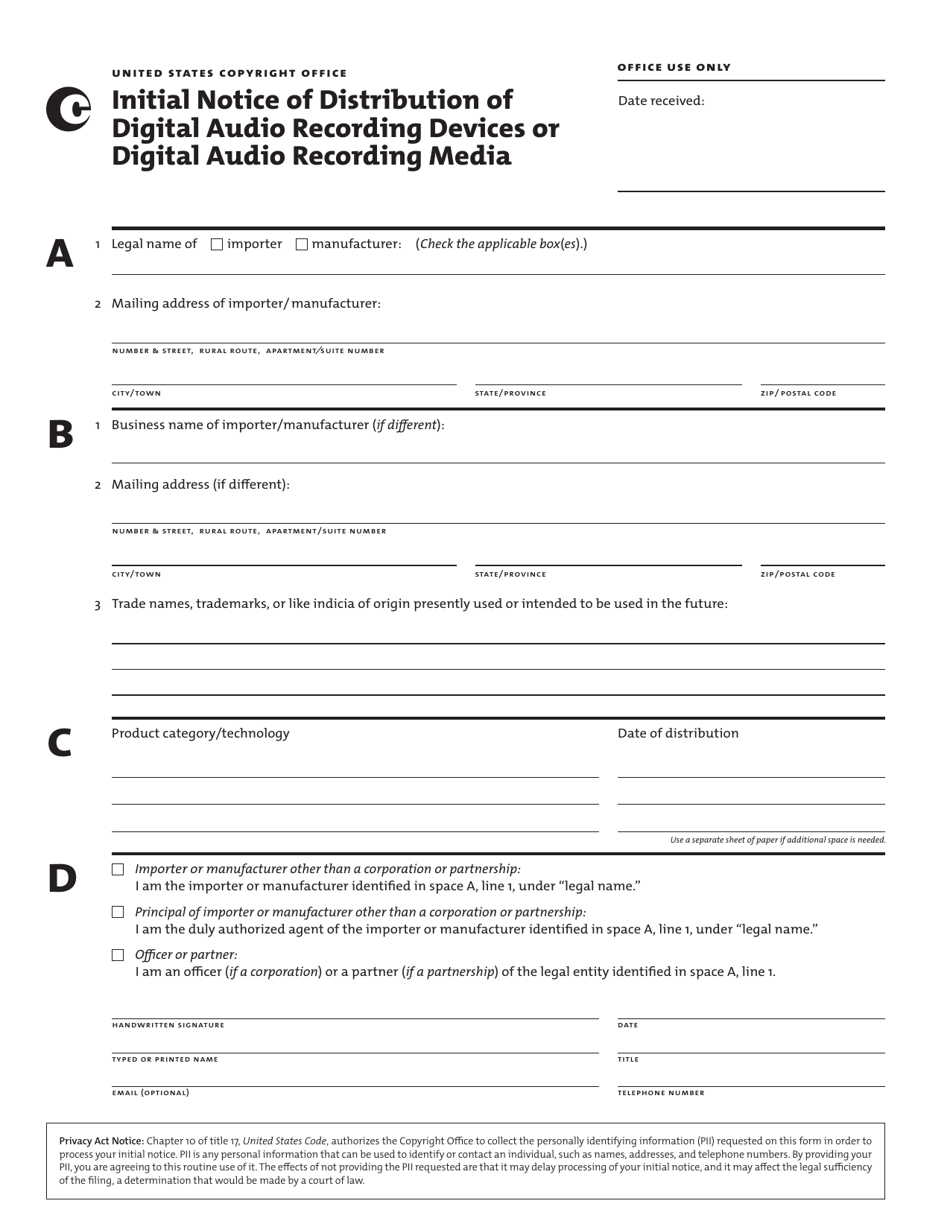 Initial Notice of Distribution of Digital Audio Recording Devices or Digital Audio Recording Media, Page 1