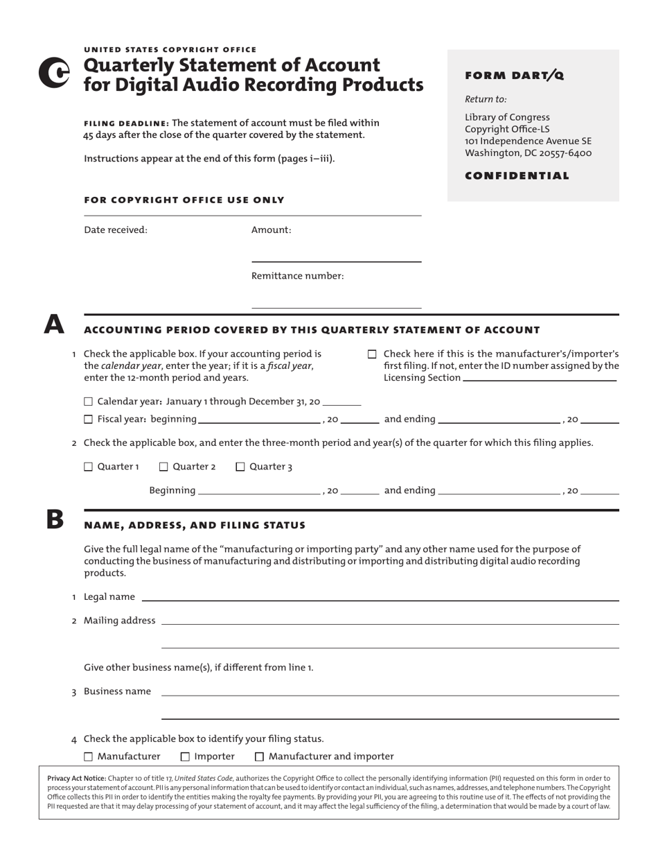 Form DART / Q Quarterly Statement of Account 5 for Digital Audio Recording Products, Page 3