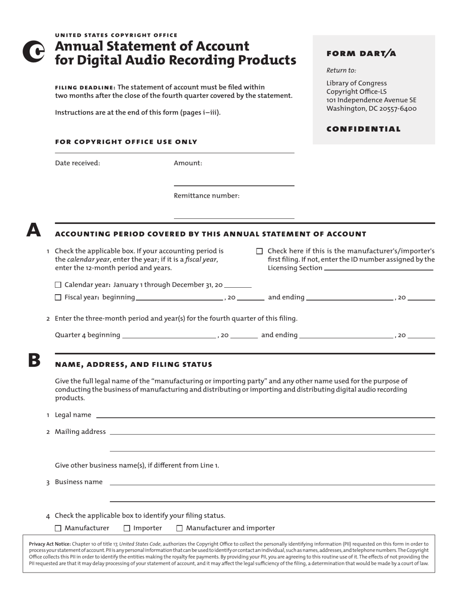 Form DART / A Annual Statement of Account for Digital Audio Recording Products, Page 3