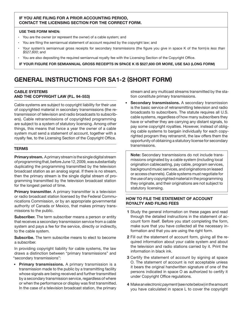 Form SA1-2 Statement of Account for Secondary Transmissions by Cable Systems (Short Form), Page 12