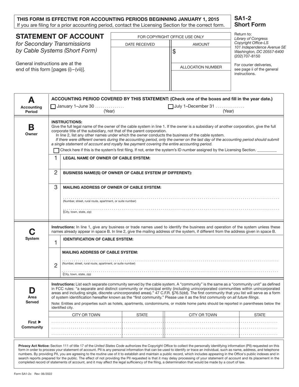 Form SA1-2 Statement of Account for Secondary Transmissions by Cable Systems (Short Form), Page 3