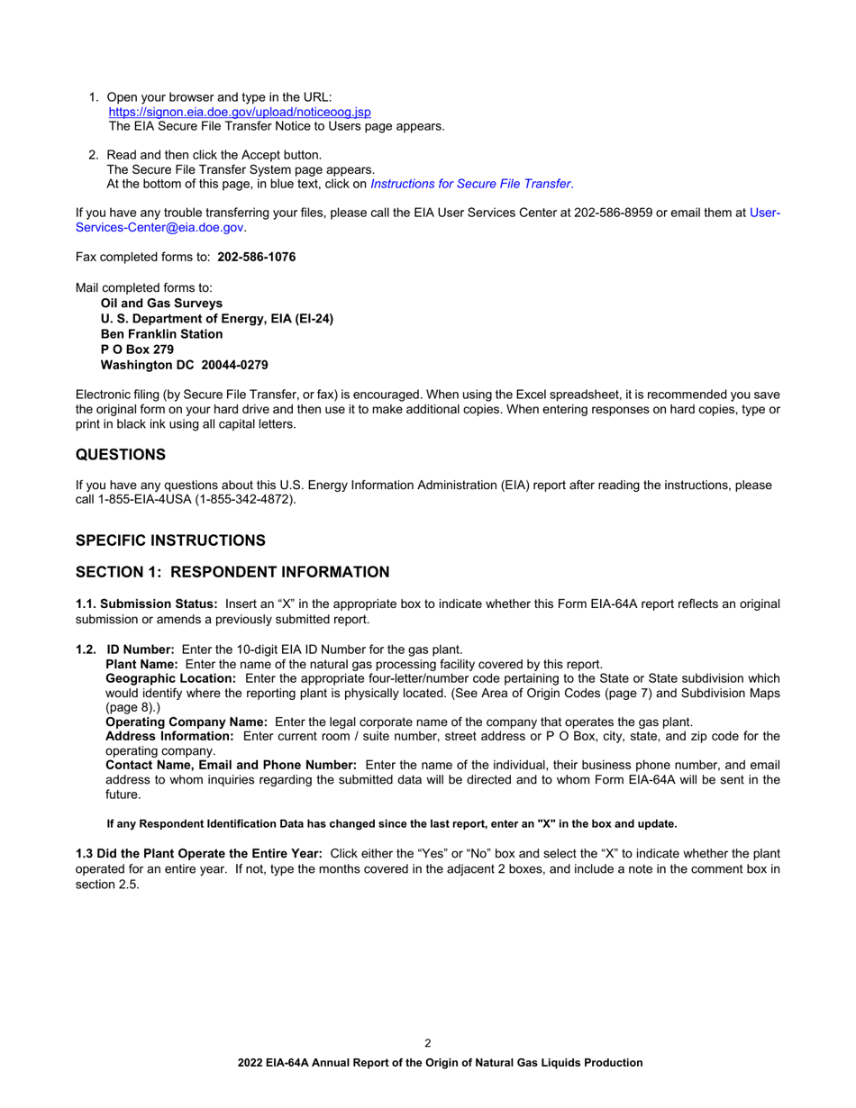 Instructions for Form EIA-64A Annual Report of the Origin of Natural Gas Liquids Production, Page 2