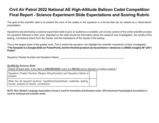 Document preview: Civil Air Patrol National AE High-Altitude Balloon Cadet Competition Final Report - Science Experiment Slide Expectations and Scoring Rubric, 2022