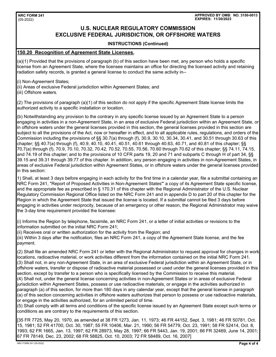 NRC Form 241 Report of Proposed Activities in Nonagreement States, Areas of Exclusive Federal Jurisdiction, or Offshore Waters, Page 4